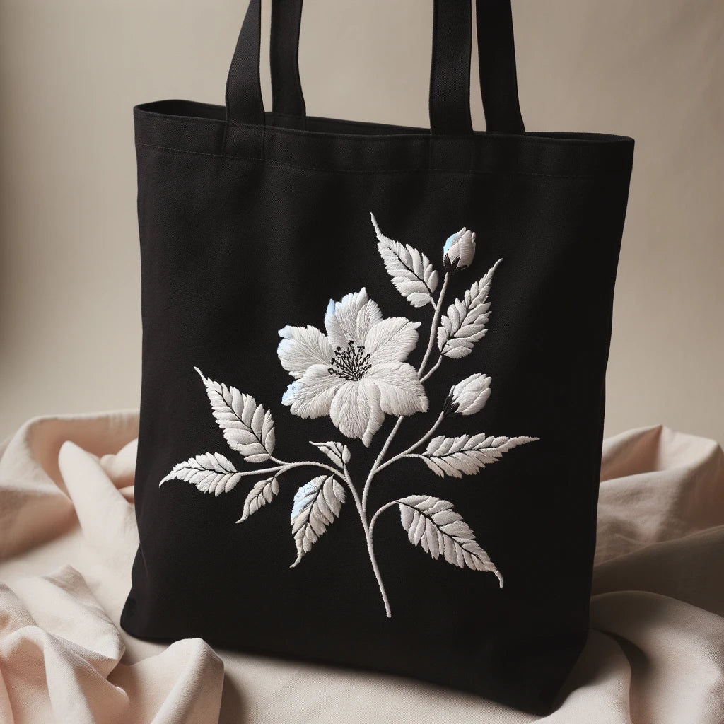 Black tote bag with embroidered jasmine