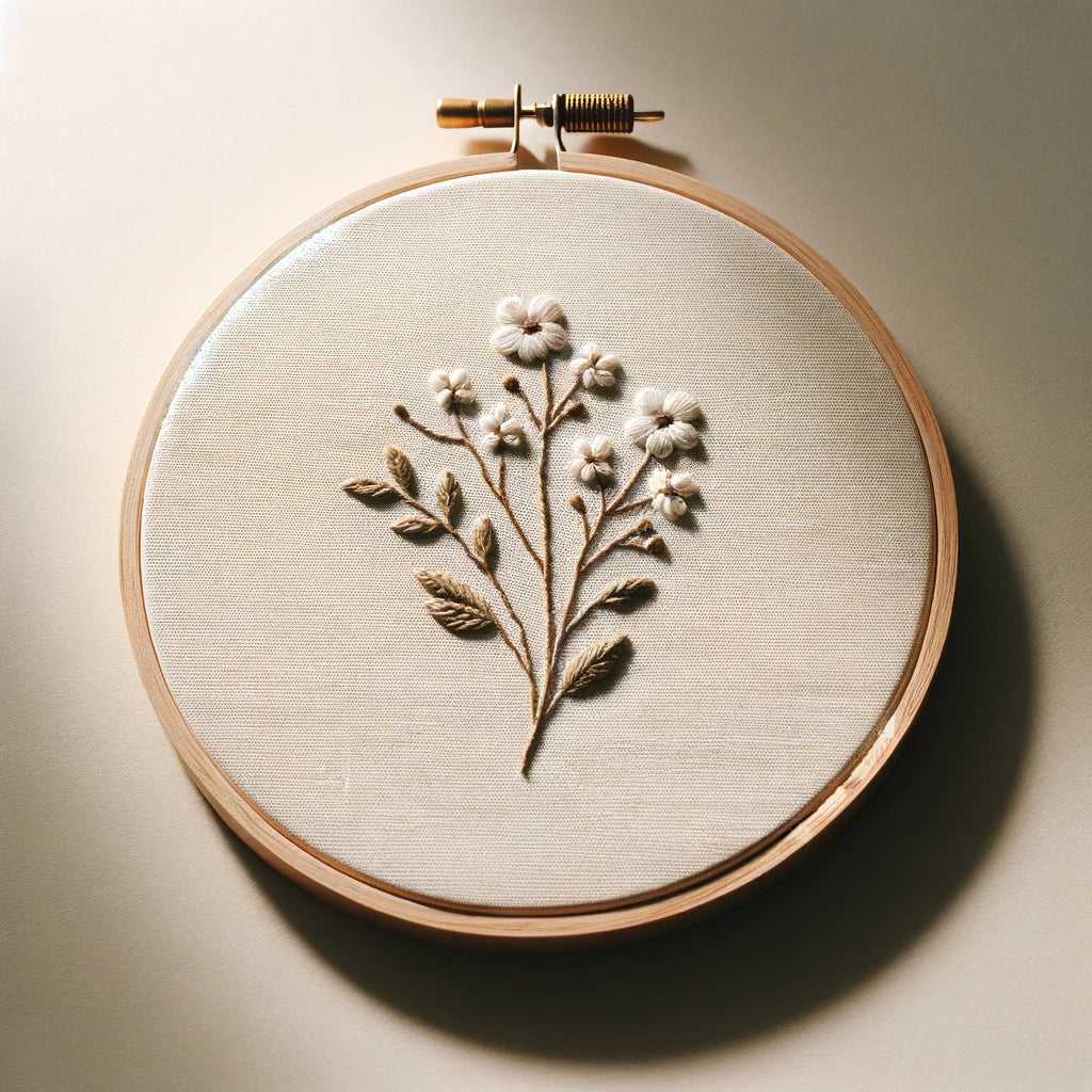 This embroidery design features delicate off-white flowers, intricately stitched to create a sense of depth and texture. The flowers are complemented by dark green and dark yellow leaves, adding a rich contrast to the design, all set within a circular wooden hoop.