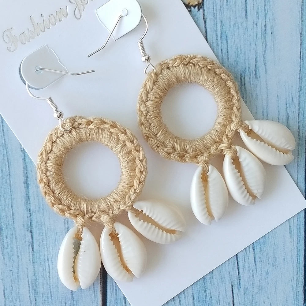 Original New Fashion Boho Beach Shell Crochet Earrings Large Circle Shell Tassel Dangle Drop Earring For Women