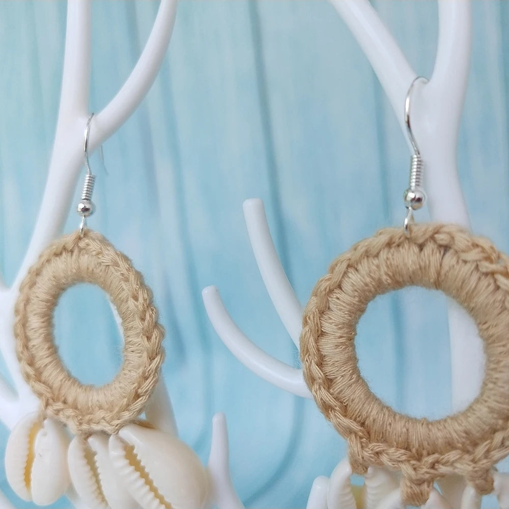 Original New Fashion Boho Beach Shell Crochet Earrings Large Circle Shell Tassel Dangle Drop Earring For Women