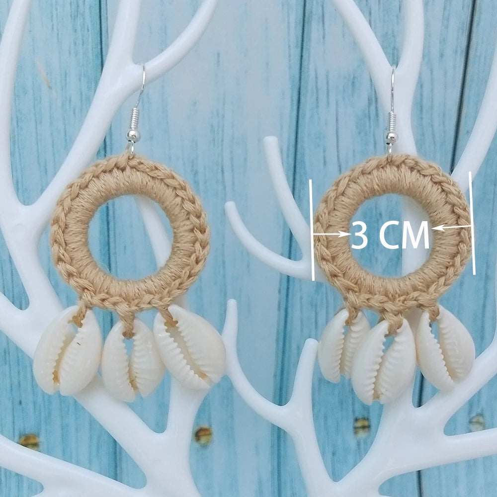 Original New Fashion Boho Beach Shell Crochet Earrings Large Circle Shell Tassel Dangle Drop Earring For Women