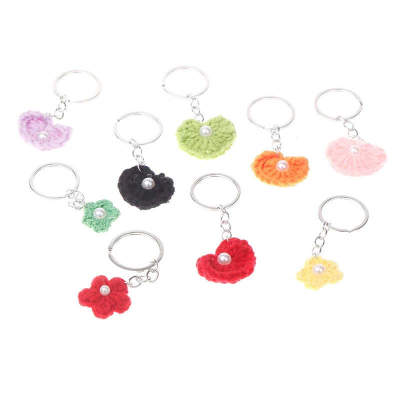 Cute Handmade Knitted Love Pearls Flowers  Keychain