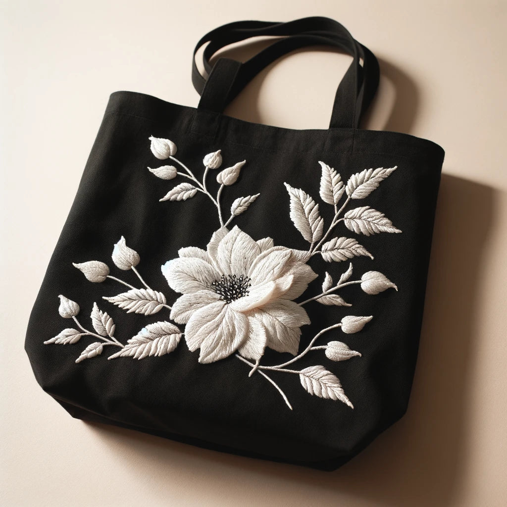 Black tote bag with embroidered jasmine